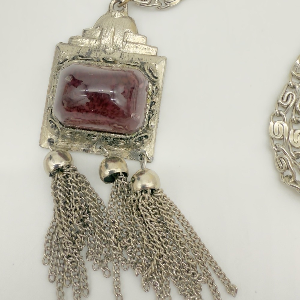 Vintage EDLEE Poured Glass Necklace Amethyst Gropoix Style Tassel Etruscan